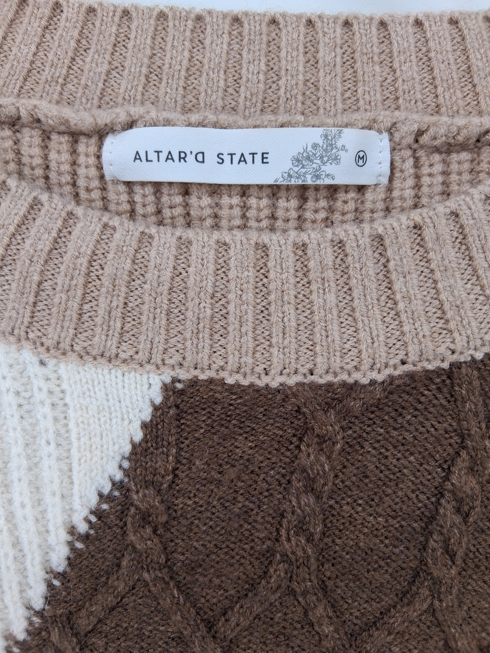 Altar'd State Cream, Taupe & Brown Colorblock Cable Knit Crew - Picture 2 of 3